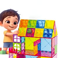 Set 60 de Piese Magnetice de Constructie, Flippy, Magnetic Tiles, Piese Mari, Forme Geometrice, 3 Ani, ABS, Magnet, 20.5 x 14.5 x 12 cm, Multicolor