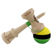 Kendama X Originala, Profesionala, Flippy, Cupe Mari KING SIZE V3, Rubber Grip, Gaura in Baza, Rulment Metalic, din lemn 18 cm, Ata 62/65 cm, M Galben/Negru/Verde