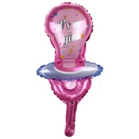 Balon din Folie Metalizata, Vafy, Mini Figurina, Model Suzeta, Tematica Gender Reveal, 23x50 cm, Ambalaj Individual, Pai Inclus, Umflare cu Aer sau Heliu, Roz