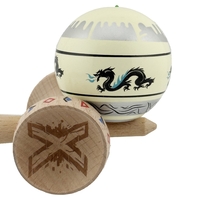 Kendama X Originala, Profesionala, Flippy, DRAGON Series, Super Sticky cu Cupe Mari King Size V3, Rulment Metalic si Gaura in Baza, din Lemn 18 cm, Ata 62/65 cm, Gri/Verde deschis