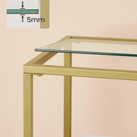 VASAGLE Masa de intrare, cu rafturi asimetrice, blat din sticla securizata, cadru metalic, 35x100x80cm, auriu