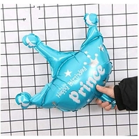 Balon din Folie Metalizata, Vafy, Mini Figurine, Model Coroana de Print, Tematica Aniversare, 42x38 cm, Ambalaj Individual, Pai Inclus, Umflare cu Aer sau Heliu, Albastru