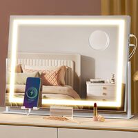 SONGMICS Oglinda machiaj cu iluminare LED, 3 culori lumina, suport telefon, 2 porturi USB, zoom 10x, 58x43 cm, alb