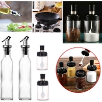 Sticle si Borcane de Ulei de Masline, Vafy, Dozator Set 4 Bucati, 2 Sticle cu Dispenser 500 ml/buc, 2 Borcane pentru Condimente cu Capac si Lingura 120ml/buc, Transparent