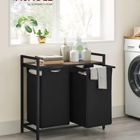 VASAGLE Cos de rufe, 2 compartimente, saci de rufe detasabili, raft, cadru metalic, 2x46L, 73x33x72 cm, maro rustic si negru