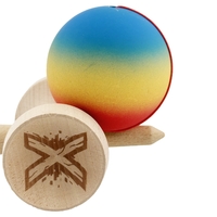 Kendama X Originala, Profesionala, Flippy, Cupe Mari KING SIZE V3, Rubber Grip, Gaura in Baza, Rulment Metalic, din lemn 18 cm, Ata 62/65 cm, Gradient Albastru/Galben/Rosu