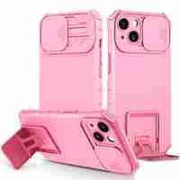 Husa Defender cu Stand pentru iPhone 13, Roz, Suport reglabil, Antisoc, Protectie glisanta pentru camera, Vafy