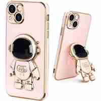 Husa de Protectie TPU 2in1, Vafy, pentru Apple iPhone 15, Astronaut cu Suport, Antisoc, Rezistenta la Impact, Protectie Camera, Roz