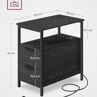 VASAGLE Noptiera 60x35x61 cm, cu 2 sertare, rafturi si priza incorporata, PAL si otel, gri antracit si negru