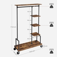VASAGLE Suport haine cu roti, 5 rafturi, bara metalica pentru umerase, cadru metalic, 104x40x175 cm, maro rustic