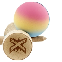 Kendama X Originala, Profesionala, Flippy, Cupe Mari KING SIZE V3, Rubber Grip, Gaura in Baza, Rulment Metalic, din lemn 18 cm, Ata 62/65 cm, Gradient Roz/Galben/Albastru deschis