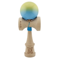 Kendama X Originala, Profesionala, Flippy, Big Cups V2, Super Sticky cu Cupe Mari, din lemn 18 cm, Rulment Metalic cu Ata 55 cm, Galben/Albastru