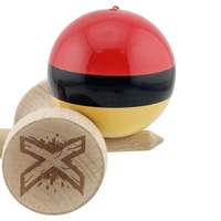 Kendama X Originala, Profesionala, Flippy, Super Sticky cu Cupe Mari KING SIZE V3, Gaura in Baza, Rulment Metalic, din lemn 18 cm, Ata 62/65 cm, Rosu/Negru/Galben