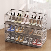 Cutie de Depozitare pentru Pantofi, Flippy, 40x30x21 cm, din Plasa PVC Impermeabila si Cadru de Otel, Pliabila, Fermoar Bidirectional, Transparenta