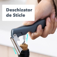 Tirbuson de Sticle 4 in 1, Flippy, Desfacator de Sticle Multifunctional, din Inox cu Maner Anti Alunecare, 13.5 x 4 cm Albastru