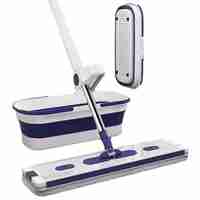 Mop Plat, Flippy, cu Galeata Pliabila, 2 Rezerve din Microfibra, 127 cm Tija Telescopica, Utilizare Umeda/Uscata, Recipient Lichid, Albastru