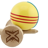 Kendama X Originala, Profesionala, Flippy, Big Cups V2, Super Sticky Legendary Cupe Mari, Rulment Metalic cu Ata 55 cm, Galben/Linii Rosii
