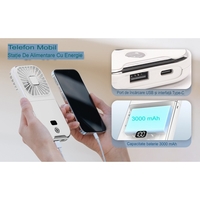 Ventilator Portabil Vafy, 3 in 1, de Mana, de Gat, de Birou, 16.7 x 8 x 1.9 cm, 3 Trepte de Viteza, Incarcare USB, Pliabil, Afisaj Digital, Suport Telefon, Alb