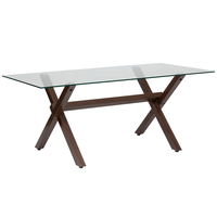 Masa dining bucatarie Atmosphera Jorel cu blat din sticla si picioare metalice, 180x90x75 cm, efect nuc