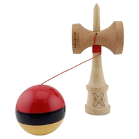 Kendama X Originala, Profesionala, Flippy, Big Cups V2, Super Sticky cu Cupe Mari, Rulment Metalic, din lemn 18 cm, Ata 55 cm, Rosu/Negru/Galben