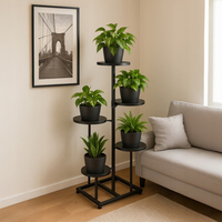 Suport pentru flori cu structura metalica, 5 niveluri, cu rafturi rotunde, 47x47x80 cm, negru