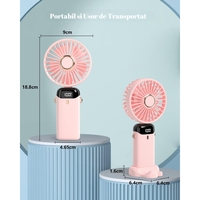 Ventilator Ultra Portabil cu Aromaterapie, Vafy, 3 in 1, de Mana, de Birou, de Gat, 5 Trepte de Viteza, Incarcare USB, Autonomie 12h, Pliabil, cu Ecran LCD, Roz
