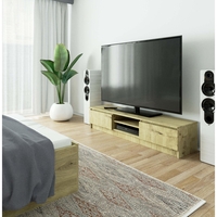 Comoda TV cu 2 usi si rafturi centrale, PAL laminat, 160x40x33 cm, stejar artisan