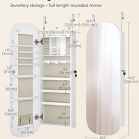 SONGMICS Dulap pentru bijuterii cu oglinda si LED, montare pe perete sau usa, inchidere cu cheie, 42x10x108 cm, alb