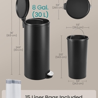 SONGMICS Cos de gunoi cu pedala, capac soft-close, galeata detasabila, otel, 30L, saci menajeri inclusi, negru
