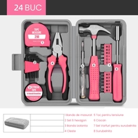 Set Scule 24 piese pentru Uz Casnic, Vafy, Instrumente Set in Trusa de Plastic Gri, din Plastic si Metal, 20 x 12.5 x 3 cm, Roz