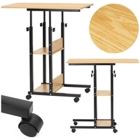 Birou reglabil pe inaltime cu rafturi si roti, blat din lemn si structura metalica, 80x40x76-86 cm, maro natur