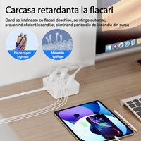 Prelungitor Multifunctional pentru Birou, Vafy, 3 Prize, 2 USB-A, 2 TYPE-C, Suport pentru Telefon, 3250W, Lungime Cablu 2 m, 11.4 x 12.4 cm, Alb