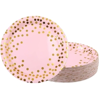 Set 10 Farfurii Unica Folosinta, Flippy, Imprimeu cu Buline, din Carton, Diametru 23 cm, Roz/Auriu