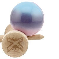 Kendama X Originala, Profesionala, Flippy, Big Cups V2, Super Sticky cu Cupe Mari, din lemn 18 cm, Rulment Metalic cu Ata 55 cm, Albastru/Mov/Roz