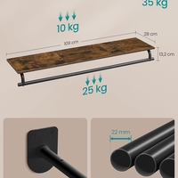 SONGMICS Cuier cu montaj pe perete cu bara pentru umerase si raft, capacitate 60 kg, stil industrial, 109x28x13 cm, maro rustic