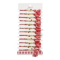 Martisor Bratara cu Ciucure pentru Dama, Jolie, Model Pana cu Buburuza, Set 12 bucati, Pandativ din Inox cu Piatra, Snur Reglabil, Rosu/Alb