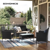 SONGMICS Set mobilier gradina 4 locuri, canapea, 2 scaune si masa cu sticla, ratan PE, negru
