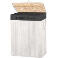 Cos pentru rufe din bambus, pliabil, cu 2 compartimente, volum 105 L, 63x52x33 cm, alb si gri inchis