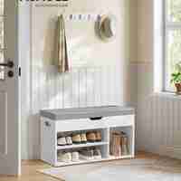 VASAGLE Pantofar cu banca, capitonata, 3 compartimente, sarcina 150 kg, 30x80x44 cm, modern, alb
