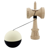 Kendama X Originala, Profesionala, Flippy, Rubber Grip, Cupe Mari KING SIZE V3, Gaura in Baza, Rulment Metalic, din lemn 18 cm, Ata 62/65 cm, Bicolor Galben/Negru