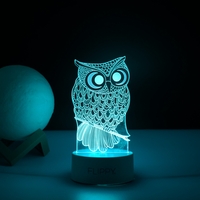 Lampa LED decorativa, Flippy, 3D, Bufnita, cu USB si baterii, 20 cm inaltime, din material acril, lumina multicolora si telecomanda inclusa, alb