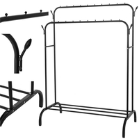 Suport pentru haine cu cadru metalic, cu sina dubla de agatat si carlige cuier, 55x110x146cm, negru