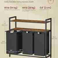 VASAGLE Cos de rufe cu 3 saci detasabili, 3x40 litri, 2 rafturi, structura metalica, stil industrial, 92x33x92 cm, maro rustic