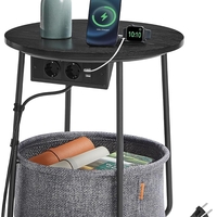 VASAGLE Masuta de cafea rotunda cu cos de stofa, statie de incarcare 2 prize si 2 USB, 45x50cm, negru