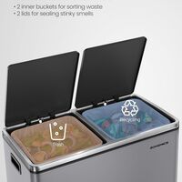 SONGMICS Cos de gunoi dublu colectare selectiva, 2x30L, cu pedale si capac soft close, galeata interioara, otel, 62x59x36 cm, gri
