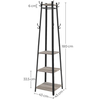 VASAGLE Cuier de haine cu 3 rafturi, suport cu carlige, din otel, 43x43x180 cm, stil industrial, gri si negru