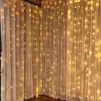 Instalatie Craciun, Tip Perdea, IP44, 2 m x 1 m, 120 LED-uri, Alb cald, cu flash, Transformator cu telecomanda, Interconectabila, Prelungitor 5 m inclus, Fir transparent, Interior/ Exterior, Vafy