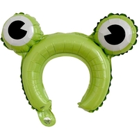 Balon din Folie Metalizata, Vafy, Tip Coronita cu Urechi, Model Broasca, Ambalaj Individual, Pai Inclus, Umflare cu Aer sau Heliu, 28 x 31 cm, Verde
