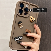 Husa de Protectie, Vafy, pentru Apple iPhone 16 Pro, Model Ursuleti 3D, Antisoc, Rezistenta la Impact, Protectie Camera, Maro