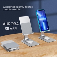 Suport pentru Telefon, Flippy, Suport Pliabil pentru Streaming, din Aliaj de Aluminiu, Compatibil cu Tableta, pentru Birou, 14.6 x 11.5 x 7 cm, Aurora Silver
